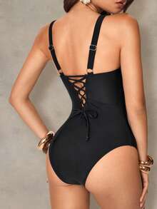 Shapewave 2026  Spring/Summer Vacation Tummy Control Black & White Double Strap V-Neck One-Piece Swimsuit, Elegant & Sophisticated, Spring/Summer Resort,New Women's Swimwear ArrivalFor School,Suitable For Holiday, Date, Afternoon Tea, Western, Cruise, Beach, Island, Road Trip, All Seasons, Music Festival, Boho Vacation,Bohemian Vacation, Chill Autumn ,Western Boho ,Elegant Tops For Women Black Bathing Suit Women One Piece Bathing Suit Swimsuit For Women Bathing Suit Full Coverage One Piece Bathing Suit Cut Out Tummy Control Swimsuit - Black - View 2