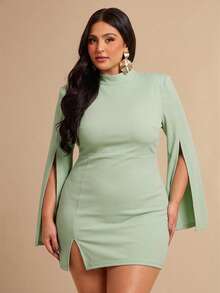SHEIN BAE Plus Size Women Elegant Solid Color Split Sleeve Fitted Dress - Mint Green - View 5