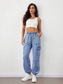 SHEIN Tall Women's Casual Washed Drawstring Waist Flap Pocket Cuffed Hem Jeans, Summer - Medium Wash - View 4
