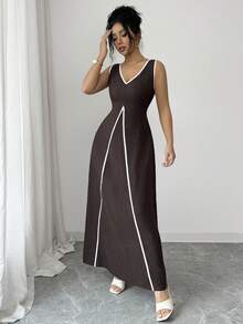 Siren Gaze Women's Elegant Sleeveless V-Neck Dress With Contrast Trim - Brown - View 3