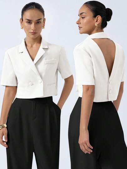 Aveloria Modichic Women's New Fashion Commuter Minimalist Elegant Sophisticated Vintage Luxurious Textured Fabric Blazer With Lapel Collar And Backless Design, Short Sleeve, Waist Cinched, Slimming