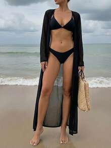 Swim Vcay Summer Beach Solid Belted Kimono - Black - View 3