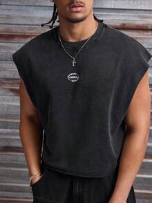 AXEPEAK 男士休闲宽松黑色雪花印花背心，夏季 - 黑色 - 查看 3