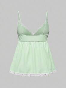 ROMWE Women's Summer Contrast Lace Camisole Top And Shorts Pajama Set - Green - View 6