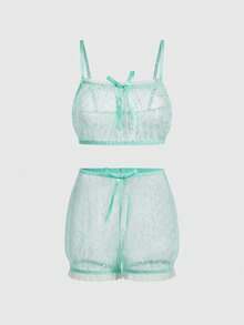 ROMWE Kawaii Cute & Sexy Polka Dot Jacquard Fabric Camisole And Boyshort Lingerie Set - Mint Green - View 1