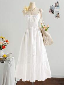 儿童夏季服装 青少年女孩白色纯色休闲优雅波西米亚热带拼接蕾丝边吊带连衣裙，适合海滩度假刺绣连衣裙 白色夏季连衣裙 白色太阳裙 褶皱连衣裙 中长连衣裙 白色连衣裙 舞会礼服 长裙 超长连衣裙 白色太阳裙 白色超长连衣裙 - 白色 - 查看 1