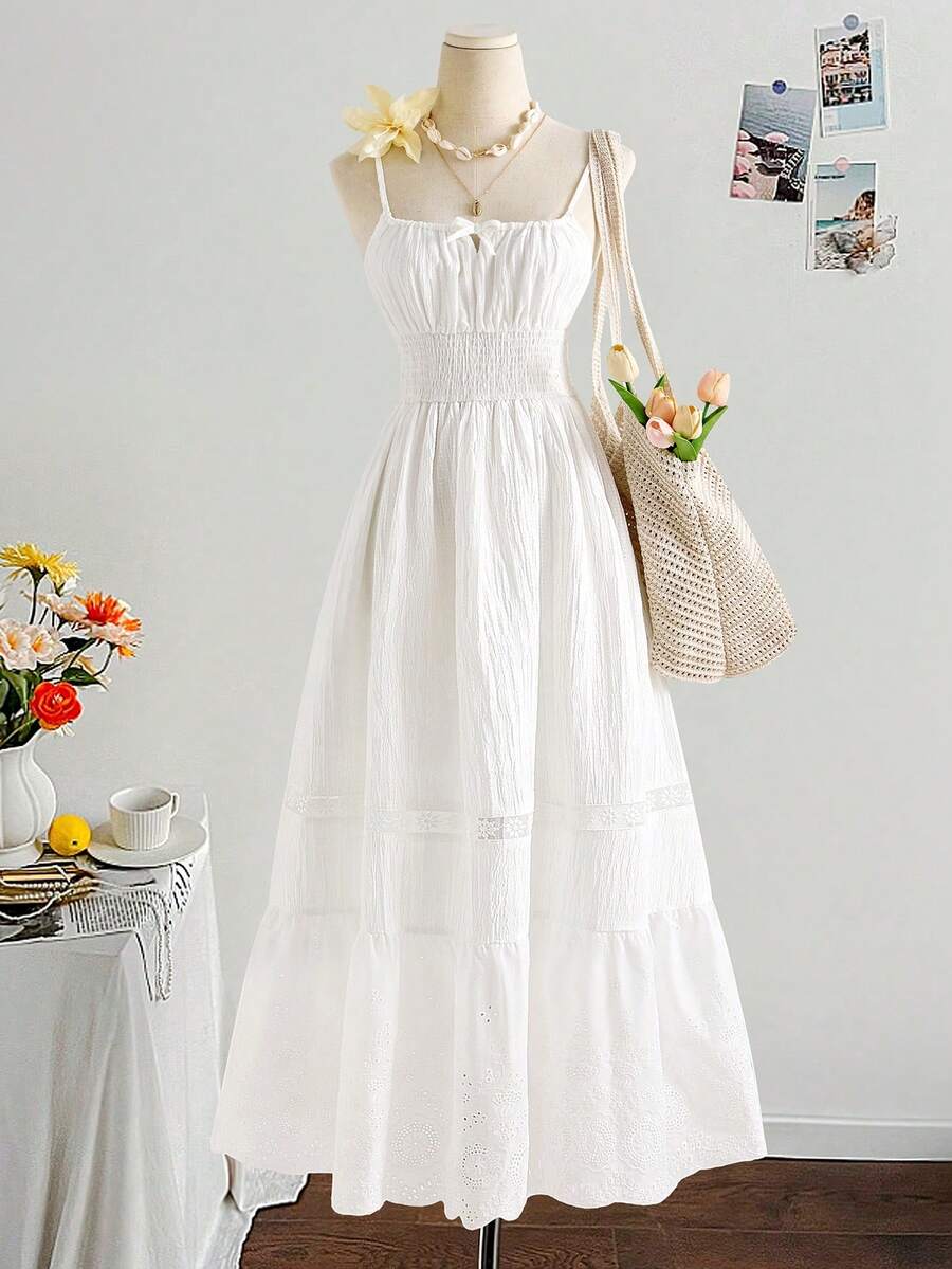 儿童夏季服装 青少年女孩白色纯色休闲优雅波西米亚热带拼接蕾丝边吊带连衣裙，适合海滩度假刺绣连衣裙 白色夏季连衣裙 白色太阳裙 褶皱连衣裙 中长连衣裙 白色连衣裙 舞会礼服 长裙 超长连衣裙 白色太阳裙 白色超长连衣裙 - 白色 - 查看 1