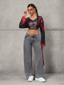 SHEIN Tall Fashionable Casual Washed Mid-Rise Wide Leg Jeans - Grey - View 5