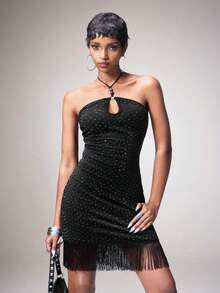 Y2Kool BiGraphic 女士时尚性感水钻流苏下摆露背吊带迷你连衣裙，夏季 - 黑色 - 查看 9