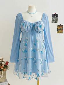 Soleia Plus Size Embroidered Blue Long Sleeve Mini Dress - Baby Blue - View 5
