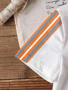 Blippi X SHEIN 男童夏季休闲字母卡通图案撞色条纹侧边圆领短袖T恤 - 白色 - 查看 3