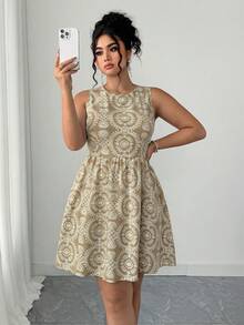 Elenzga Vacation Style Backless Halter Tie A-Line Dress - Khaki - View 5