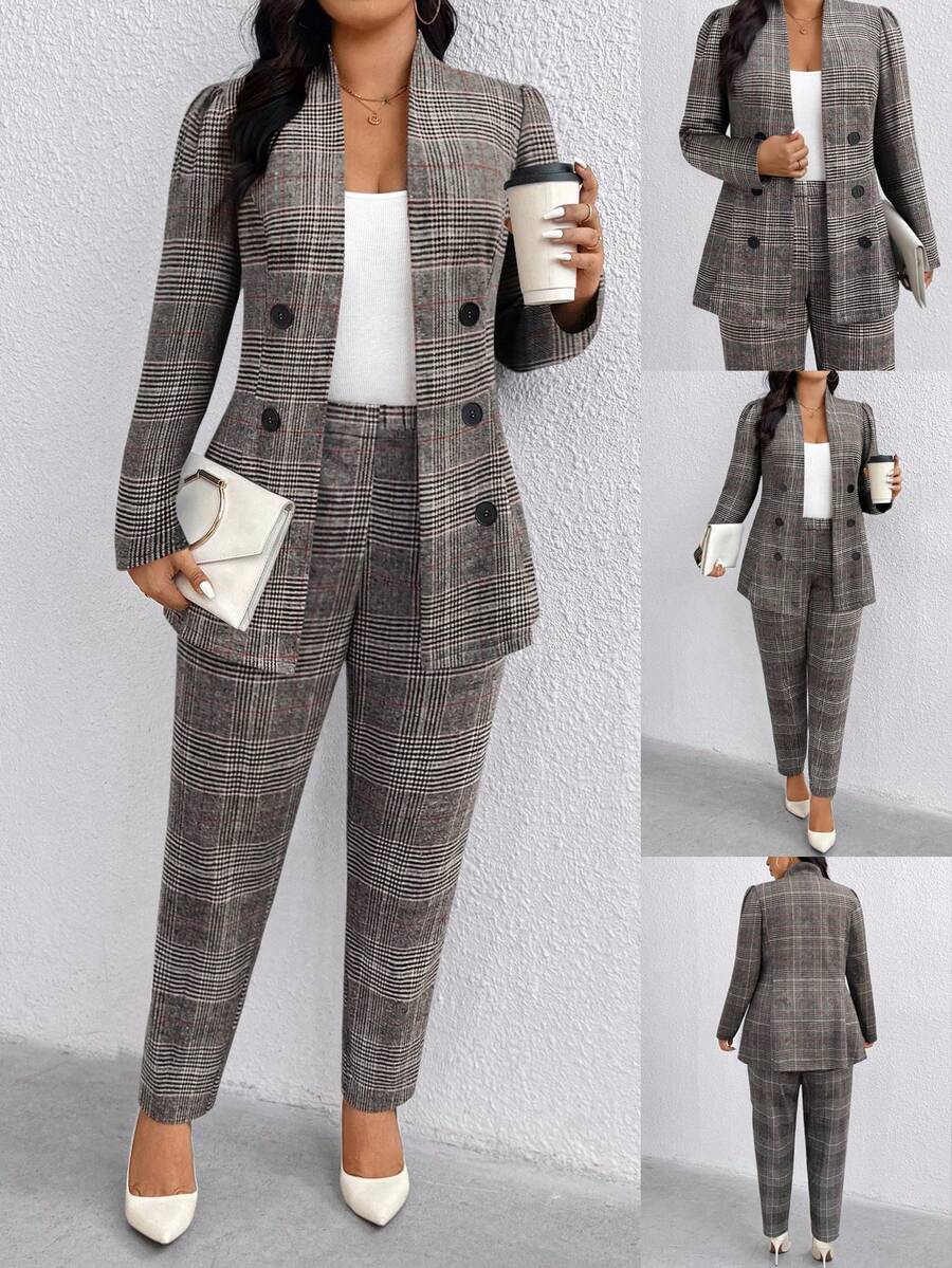 EMERY ROSE Plus Size Women Vintage Plaid Blazer And Pants Suit Set, Autumn/Winter - Rust Brown - View 1