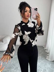 SHEIN Raffinéa Elegant Commuter Floral Embroidery Mesh Patchwork Blouse - Black - View 3