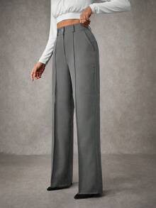 EURMUSE Women's Solid Pleated Seam Detailed Suit Pants - Grey - View 6