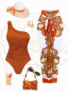 Swim Oasis Conjunto de 2 piezas de traje de baño de una sola pieza con falda de cintura alta para mujer, para resort de playa 2026 - Naranja Coral - Ver 1
