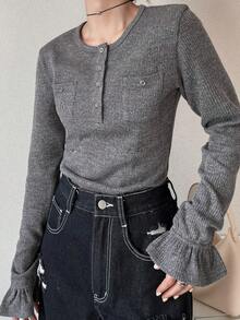 FRIFUL 女士圆领修身休闲纹理罗纹面料装饰袖口喇叭袖拼接半开襟T恤 - 灰色 - 查看 7