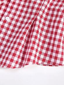 SHEIN 少女休闲度假优雅通勤上学修身翻领无袖褶皱编织蓝白条纹收腰A字纽扣衬衫 - 紅色 - 查看 4