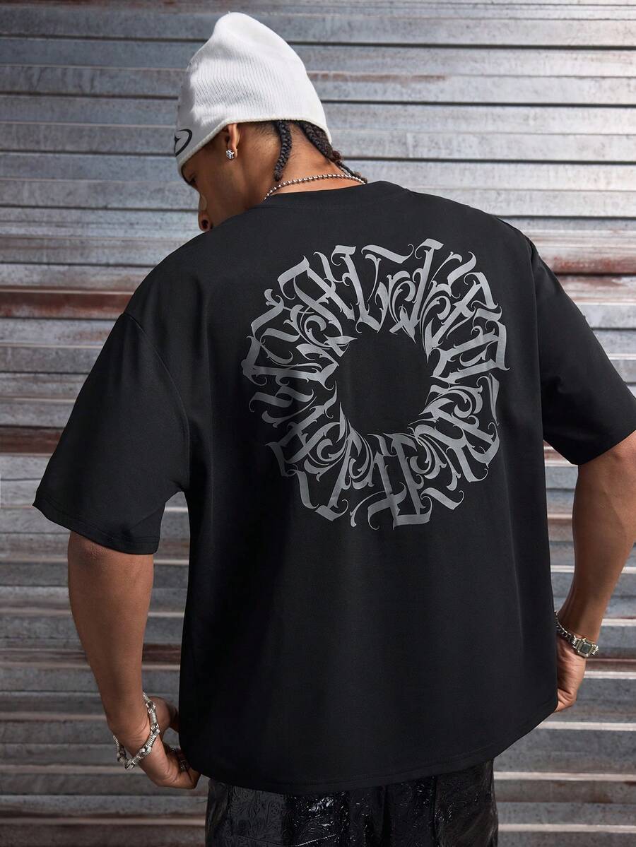 AXEPEAK 男士休闲字母图案圆领短袖T恤，夏季 - 黑色 - 查看 1