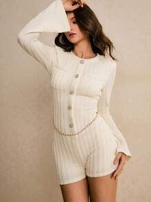 Poéselle 女士优雅纯色长袖连体裤 - 白色 - 查看 7