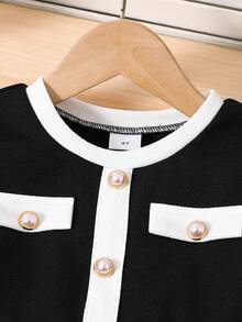 Emery Rose Kids Emery Rose Kids 少女休闲通勤优雅黑白撞色纽扣装饰荷叶边修身长袖连衣裙，秋冬16岁中长款女童连衣裙，少女优雅长袖连衣裙 - 黑與白 - 查看 6