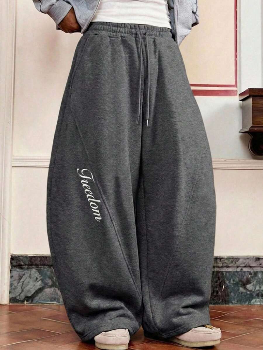 SWAVVY 男士休闲标准尺码春秋季运动裤，松紧腰带，印花拼接，深灰色 - 深灰色 - 查看 1