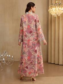 Al Najma 春夏喇叭袖立领串珠花卉饰边阿拉伯长裙 - 粉色 - 查看 5