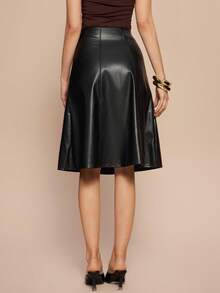 Leighera Chân váy dài chữ A bằng da PU màu trơn thời trang dành cho nữ - màu đen - Xem 6