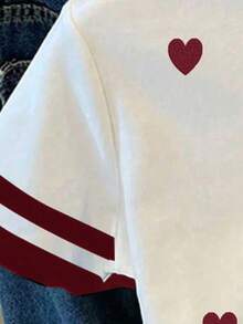 Áo thun nữ tuổi teen in hình trái tim, kiểu dáng rộng rãi, phối màu tương phản, cổ tròn. - Nhiều màu - Xem 3