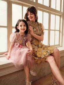 SHEIN 女童3D刺绣薄纱泡泡裙 - 粉色 - 查看 4