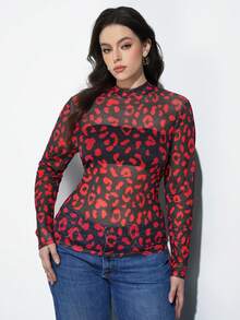 Maija 大码女式豹纹透视长袖修身上衣，猎豹纹圣帕特里克节女装，复活节夏季派对上衣，海滩夏季假期女装，夏季外出毕业休闲上衣 - 紅色 - 查看 6