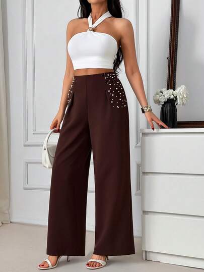 Cloudara Women's Brown Wide‑Leg Pearl‑Studded Pants - High‑Waist Wide‑Leg Trousers With Pearl Embellished Front Pockets, Dress Pants, Pull‑On Crepe Fabric, Office To Evening, Elegant Y2K Vintage Inspired, Party & Workwear, Plus Sizes Available, True To Size, Fast Shipping & Easy Returns