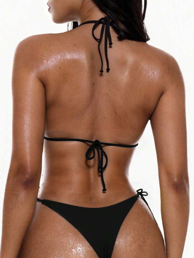Swim Basics Women Solid Color Sexy Strap Bikini 2 Pieces Swimwear Set For Summer Beach Vacation - Black - View 2
