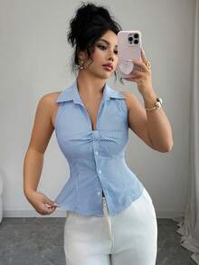 SHEIN Elenzya 女士优雅条纹V领通勤上衣，胸前蝴蝶结，前中纽扣，荷叶边下摆，配有背带，适合春夏穿着。这款上衣优雅时尚，适合通勤、商务、日常休闲等各种场合，百搭迷人，是都市教师和职业人士的理想之选。 - 彩色 - 查看 6