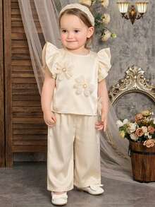 SHEIN 2pcs Baby Girl Summer Vacation Cute 3D Floral Ruffle Trim Top And Pants Set - Apricot - View 4