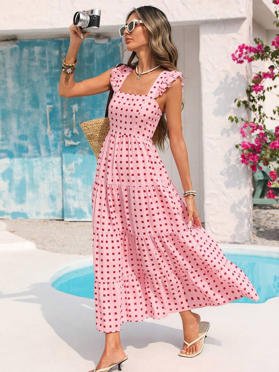 Vivid Eden 女士全印花荷叶边方领连衣裙 - 粉色 - 查看 1