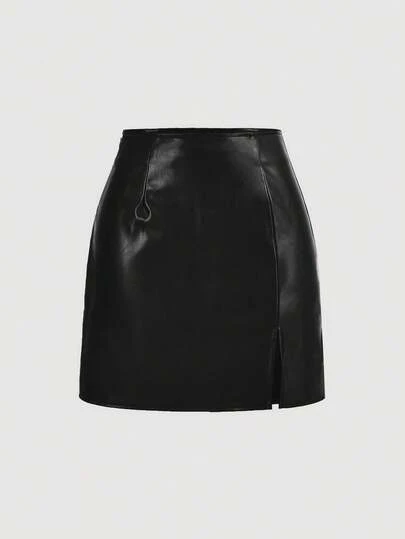 SHEIN ICON Women Solid Split Hem PU Leather Mini Skirt