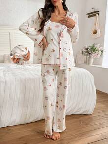 SHEIN 3pcs Maternity Sleepwear Set: Polka Dot & Ditsy Floral Camisole Pants + Long Sleeve Cardigan - Multicolor - View 8