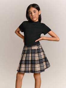 Radiana Tween Girls Black Ribbed Knit Crop Top And Khaki Plaid Pleated Skirt 2 Pieces Outfit, Casual And Collegiate Style - Khaki - View 3