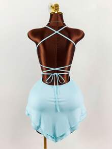 Amplova Đầm ngắn gợi cảm cổ yếm hở lưng khoét eo dành cho nữ, thích hợp cho kỳ nghỉ xuân, phần ngực xếp ly ôm sát vòng một, trang phục đi nghỉ mát, trang phục dự tiệc cho nữ. - Màu xanh nhạt - Xem 10