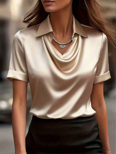 Ellegaria. Women's Summer Shirt, Draped Neck, Loose Fit, Short Sleeve, Casual, Versatile, Daily Wear Satin Shirts For Women Formal Tops For Women Elegant Business Casual Tops Woman Women Tops Elegant Satin Blouses For Women Classy Top Satin Top Womens Tops And Blouses Work Blouses Working Dress For Women Womens Work Clothes For The Office Work Outfits Women