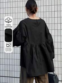 FRIFUL Women's Solid Black Round Neck Drop Shoulder Loose Casual Patchwork Blouse, Versatile Spring Outfit - Black - View 1