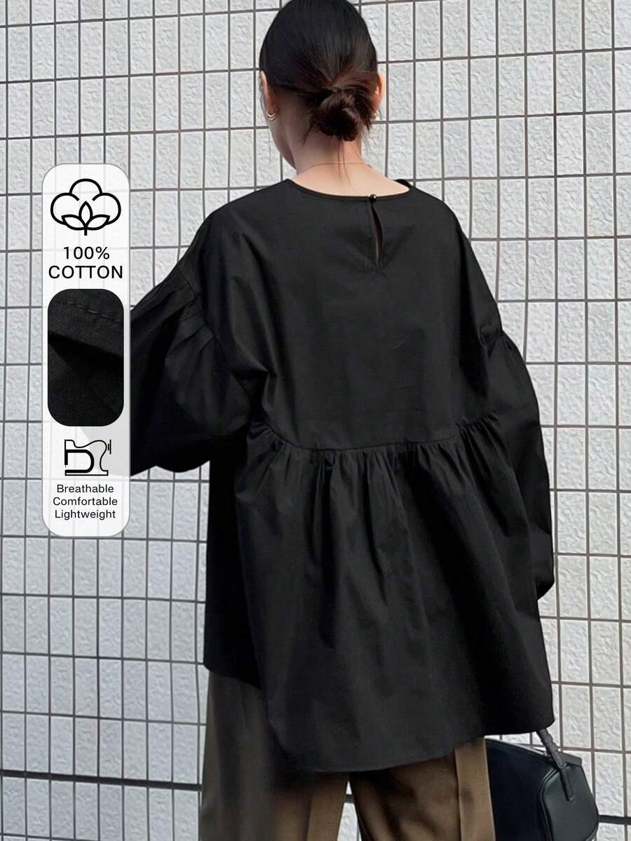 FRIFUL Women's Solid Black Round Neck Drop Shoulder Loose Casual Patchwork Blouse, Versatile Spring Outfit - Black - View 1