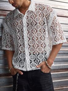 AXEPEAK Men's Hollow Out Short Sleeve Single-Breasted Fashionable Shirt - White - View 5