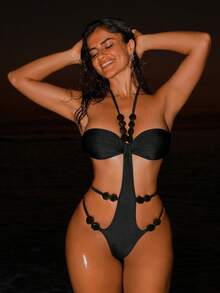 Swim SXY 1pc Beaded Sexy Hollow-Out Monokini Swimsuit, Solid Color Fabric, Flattering - Black - View 6