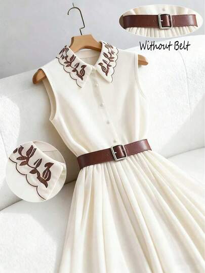 Franclia French Retro Style, New Light Luxury Embroidered Sleeveless Dress With Button Details, Fitted Waist, Slimming Effect, High-End Feel, Versatile A-Line Silhouette. Suitable For Spring/Summer, Women's Dresses, Embroidered Collar Dresses, Vacation Wear, Valentine's Day Wear, Sexy Dresses, Sleeveless Dresses, And White Dresses.Turkish Abaya, Arab Long Robe Fall Cloth For Women.Fashionable Casual Commuter Wear, Business Office Wear, Versatile And Stylish Everyday Casual Wear, Urban Teacher's Professional Attire