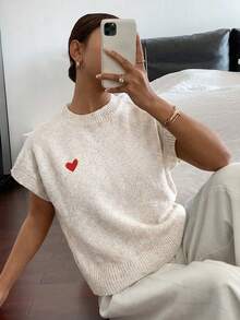 Siren Gaze Women's Casual Minimalist Heart Embroidered Knit Top, Spring Women, Summer ,Valentines Day , Valentine ,Valentine's Day ,Birthday For Women, Going Out Top For Women - Apricot - View 6