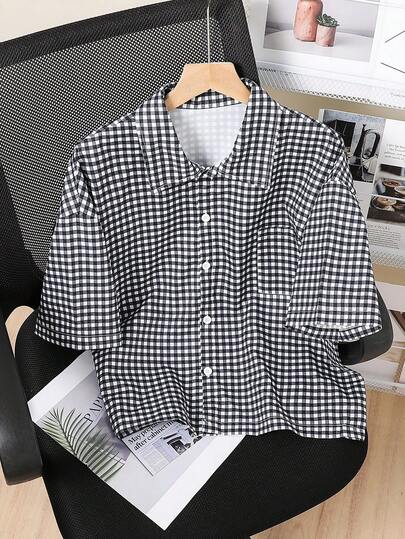 Mirajuku 青少年（男童）休闲韩版宽松格子短袖衬衫，春夏款