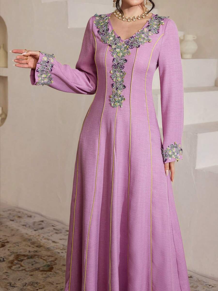 Al Najma Embroidered Lace Trim Splice Elegant Elegant Fashion Long Sleeve Modest Dress - Hot Pink - View 1