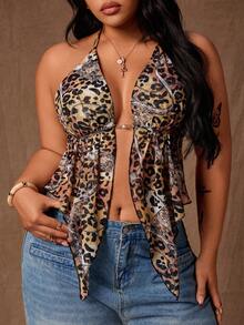 Rustia Plus Size Women Leopard Print Backless Halter Neck Sexy Fashion Tank Top - Coffee Brown - View 5